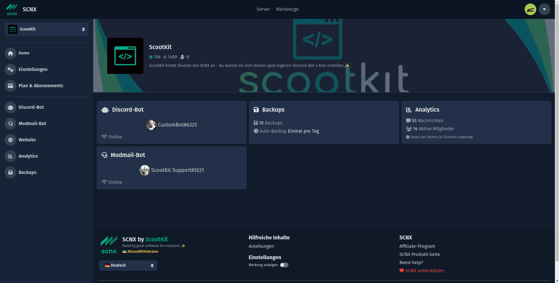Bildschirmfoto des SCNX Dashboards