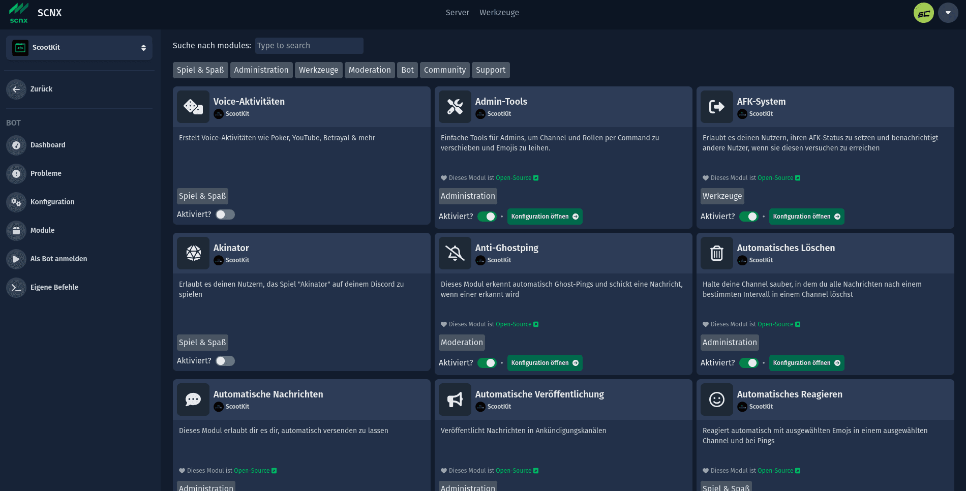 Bildschirmfoto, welches die Modul-Seite eines eigenen Bots im SCNX Dashboard zeigt