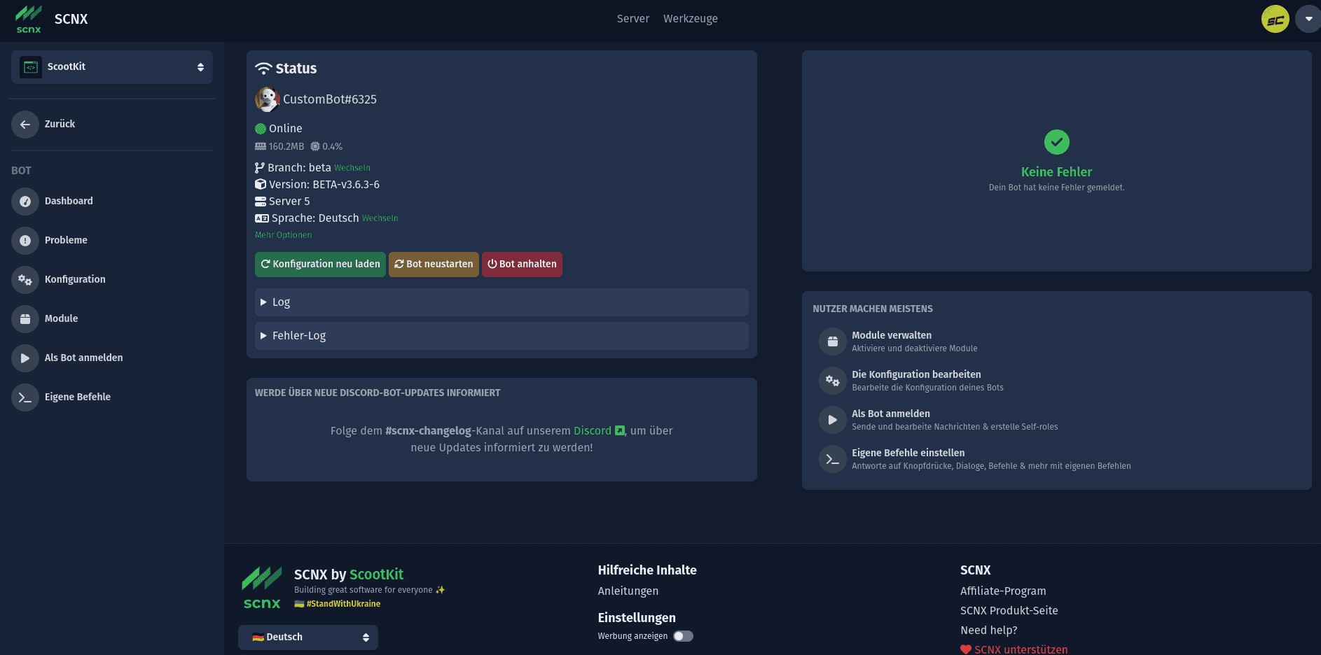 Bildschirmfoto, welches die Bot-Verwalten-Seite eines Servers im SCNX Dashboard zeigt