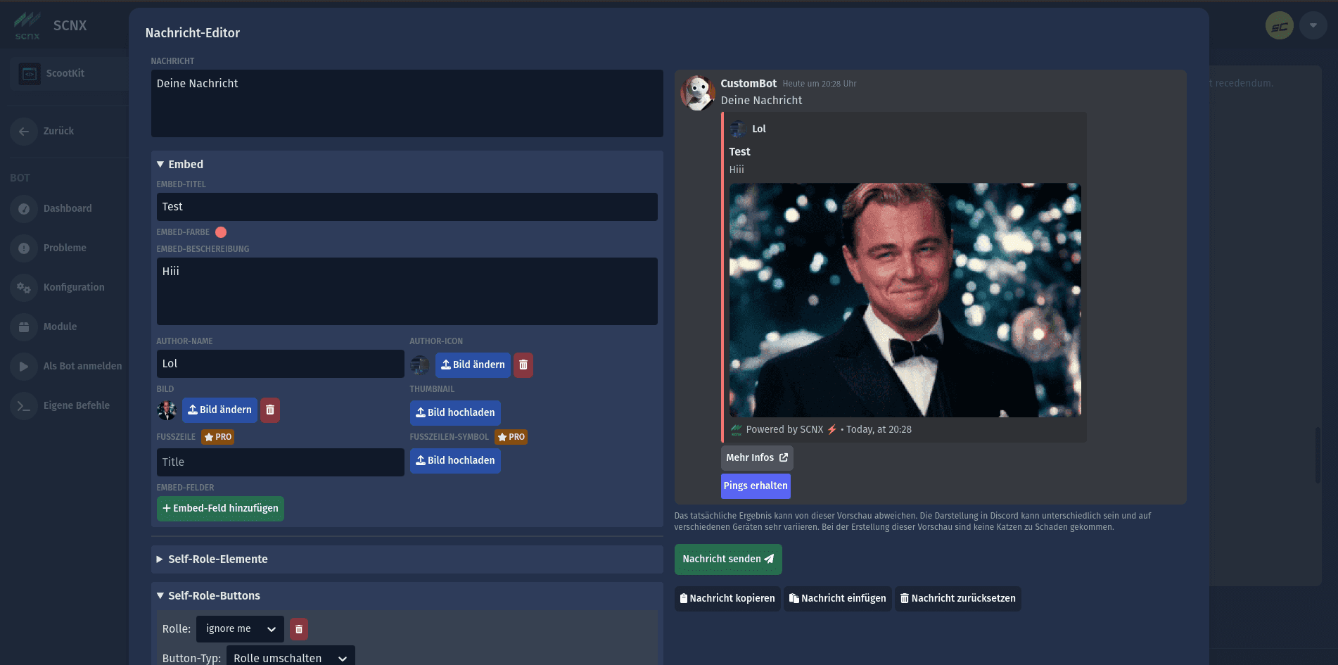 Bildschirmfoto, welches den Nachrichten-Editor eines SCNX-Bots zeigt