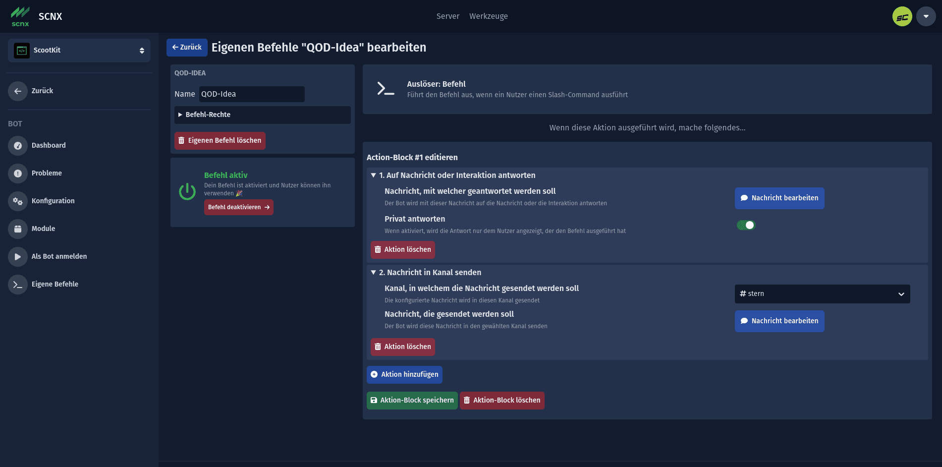 Bildschirmfoto, welches einen eigenen Befehl im SCNX Dashboard zeigt