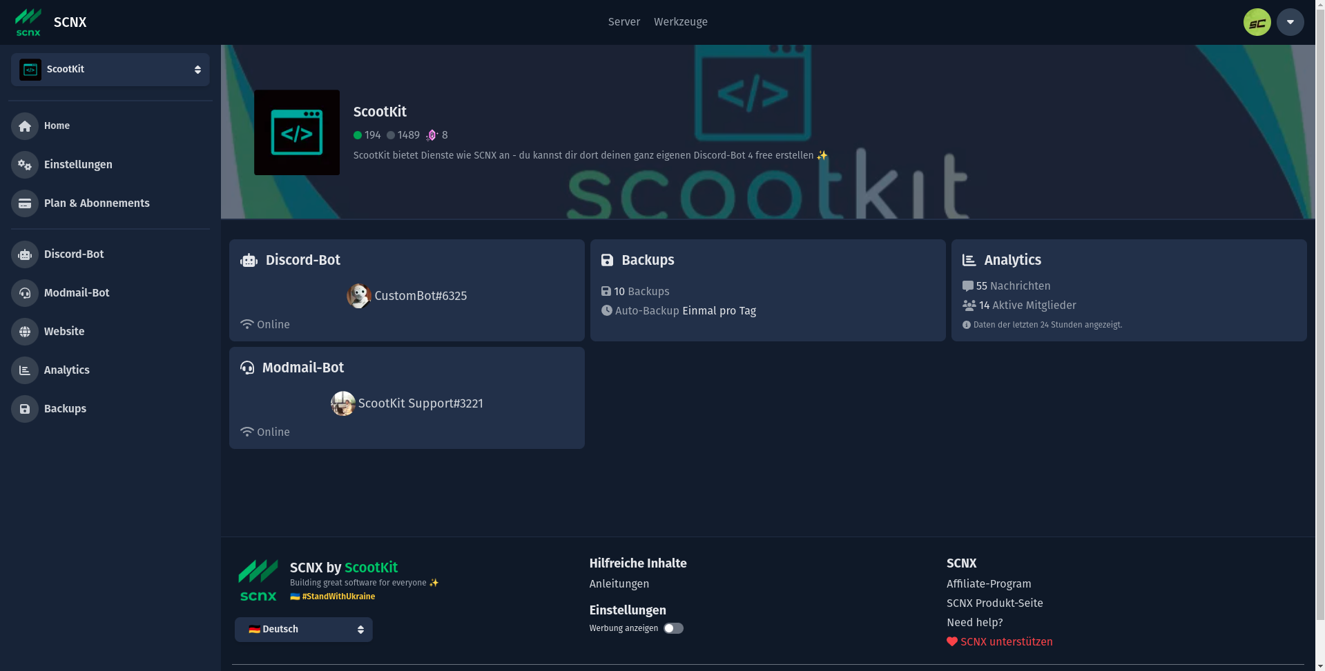 Bildschirmfoto des SCNX Dashboards